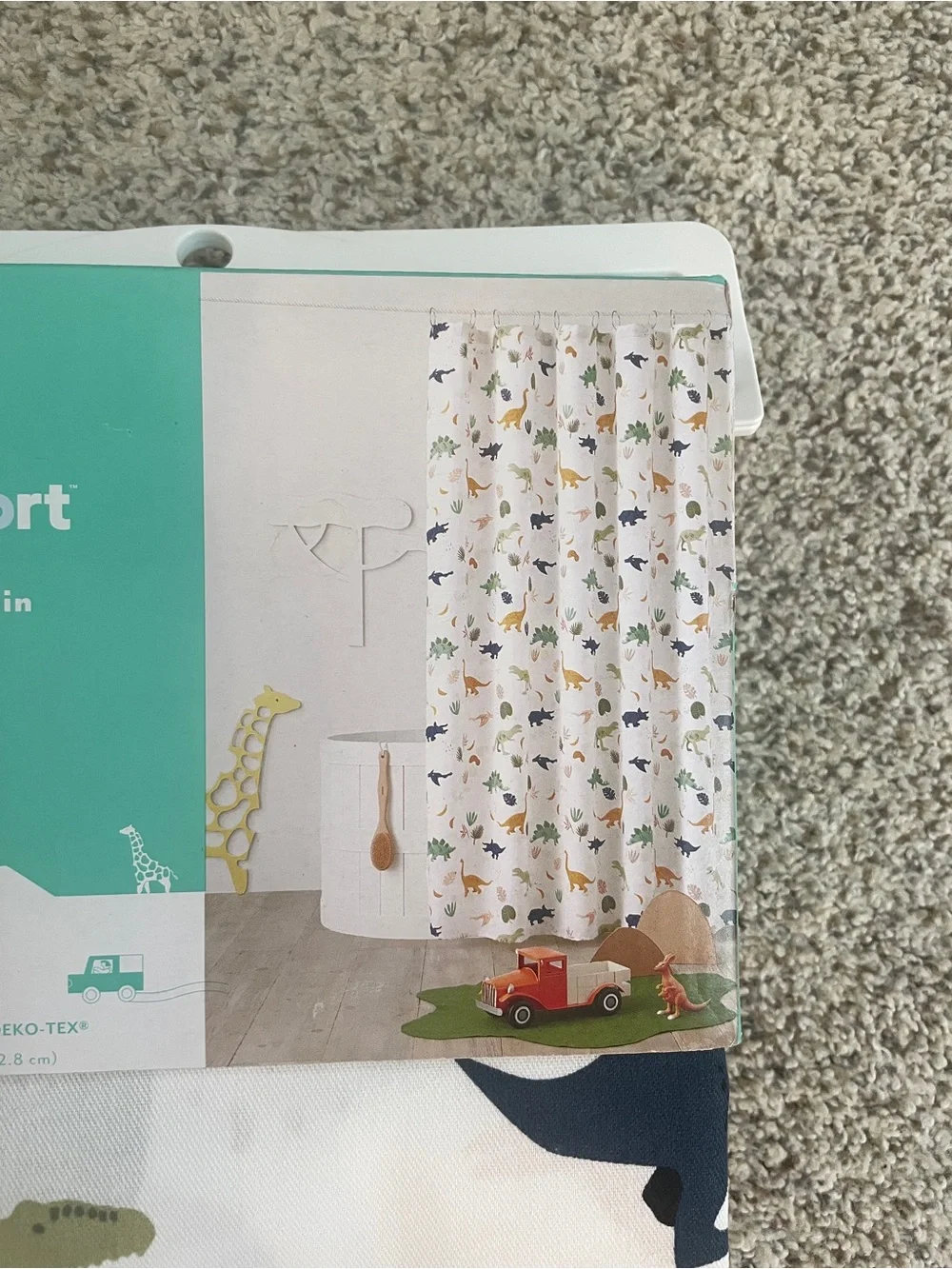 Pillowfort Dinosaur Shower Curtain in White with Green and Navy Accents